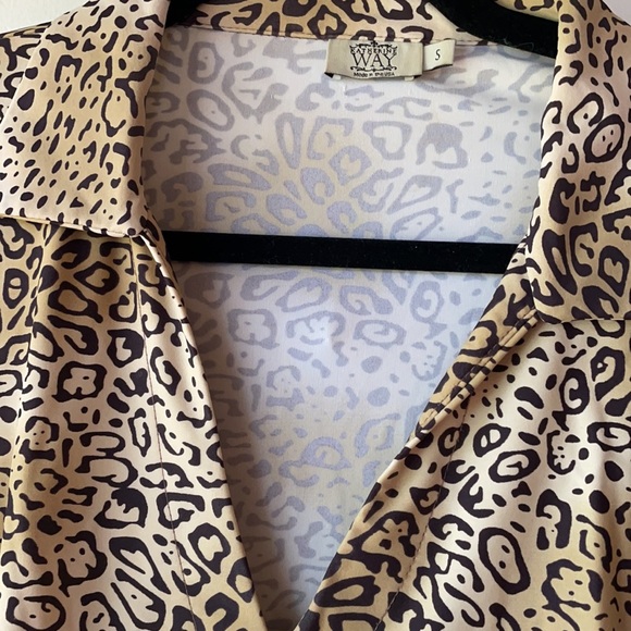 KATHERINE WAY Leopard Jaguar Animal Print 3/4 Sleeve Stretch Collar V Neck Dress - Picture 2 of 5